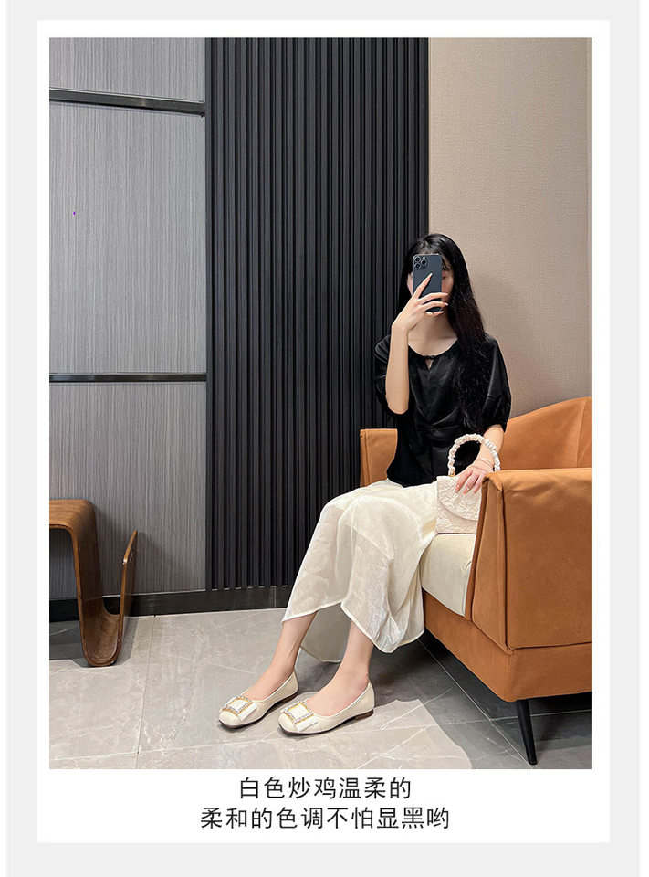 Giày búp bê nữ mũi vuông quai ngang miệng nông đính đá, đế bệt êm chân — Màu mơ, Màu đen chi tiết 19