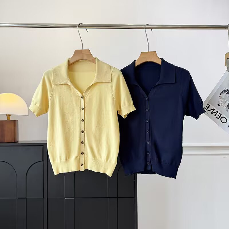 Myst&Za Summer New Product, Work Clothing Style, Casual, Versatile, Slimming, Lapel Short-Sleeved Knitwear Cardigan for Women