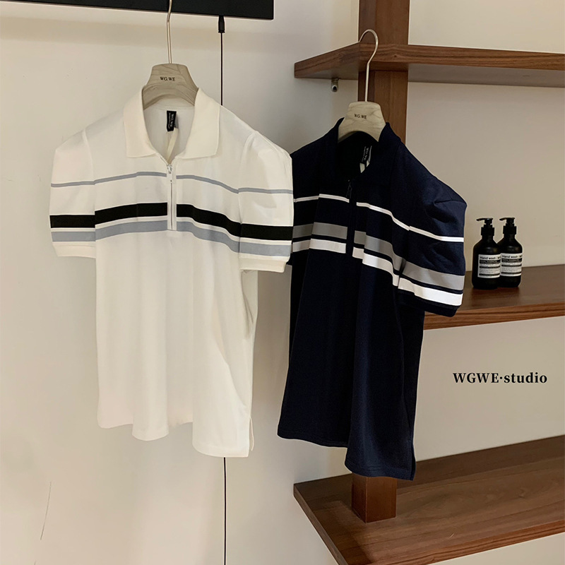 WGWE6801条纹polo衫t恤新款泡泡袖上衣宽松半拉链短款短袖|undefined