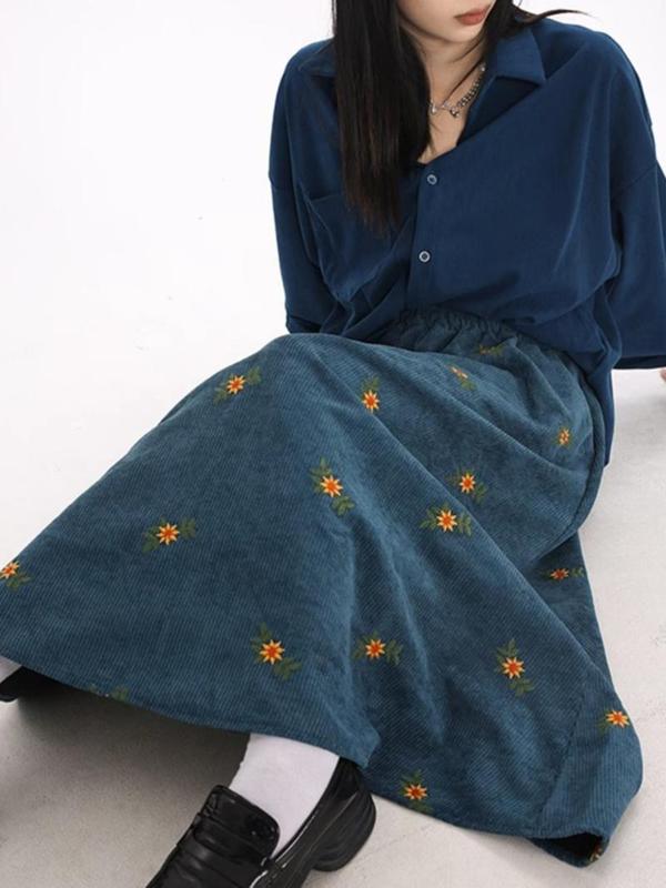 日系レトロコーヒー色コーデュロイスカート女性秋冬砕花中ロングスカート刺繍A字傘スカートセーター|undefined