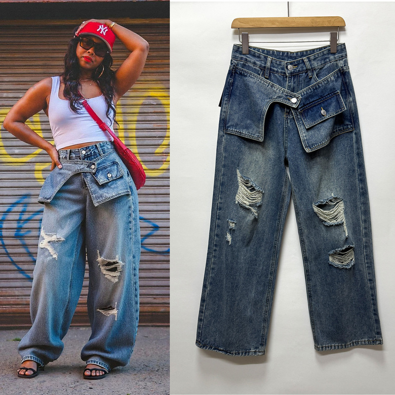Cross-Border Independent Site Amazon 2026 New Style Ripped Straight-Leg Jeans with Stacked Waist Design and Wide-Leg Pants for Women Cross-Border Independent Site Amazon 2026 New Style Ripped Straight-Leg Jeans with Stacked Waist Design and Wide-Leg Pants for Women