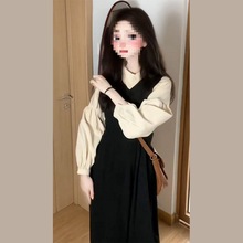 法式学院风叠穿套装春秋连衣裙女装收腰显瘦背心裙长袖衬衫两件套