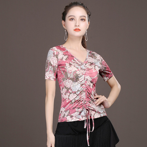 Blue red Green floral square dance clothing Latin Ballroom Dance Tops For Women  with short sleeves