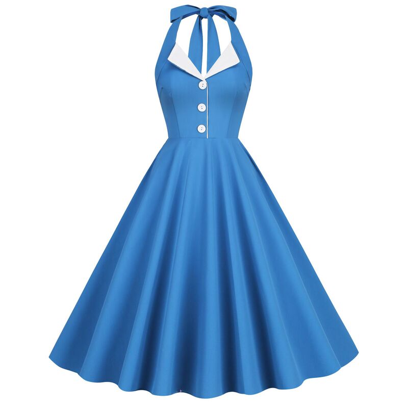 50 Hepburn Style Contrast Color Retro Lapel Backless Neck Dress Romantic Holiday Dating Dress Bridesmaid Dress