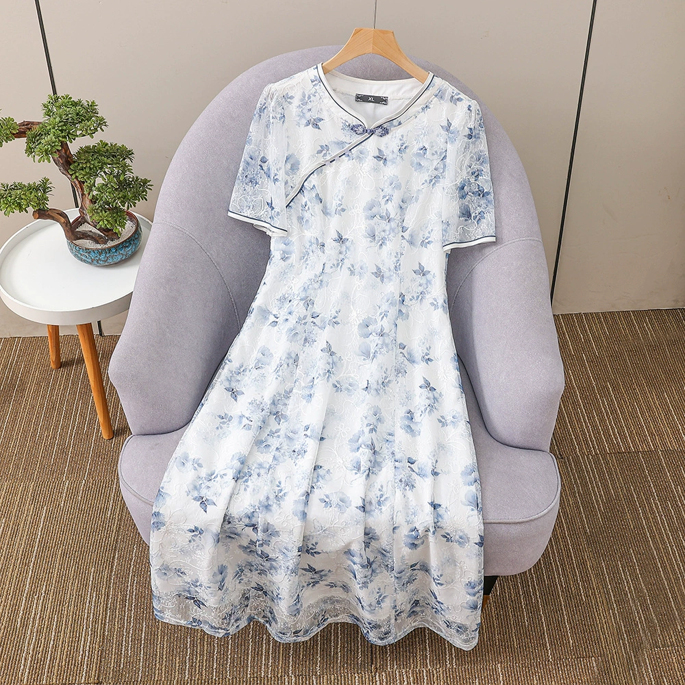 2024 летний новый стиль молодой и молодой леди Cheongsam с короткими рукавами платье мама среднего возраста мода тонкое платье до колен