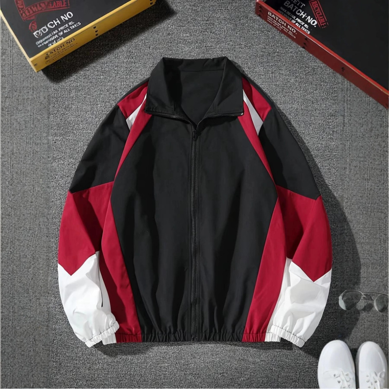 Men's Color Patchwork Zipper Jacket, Regular Fit Long Sleeve Casual Outerwear for Spring and Fall, Men's Color Patchwork Zipper Jacket, Regular Fit Long Sleeve Casual Outerwear for Spring and Fall,