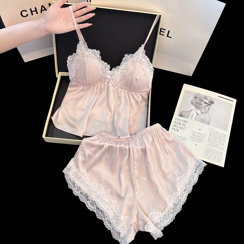 Internet Celebrity Summer Sexy Pajamas for Women, Ice Silk Suspender Shorts Suit, Bow Tie, Silver Hot Silver Pure Desire, Home Clothes with Breast Pads