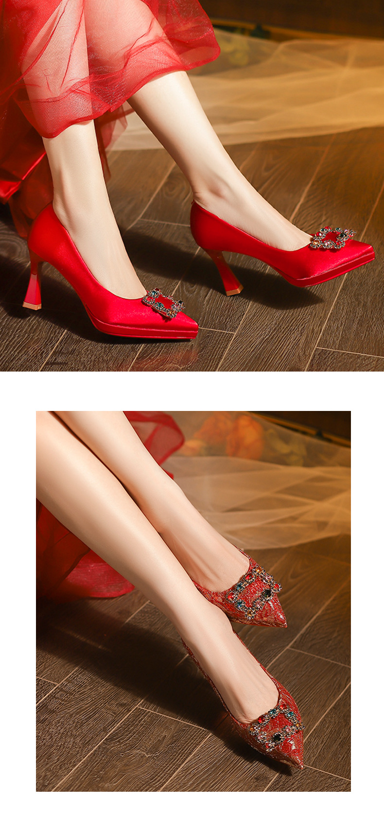 Giày cưới cao cấp mũi nhọn gót cao đế xuồng chống thấm kiểu stiletto — satin đỏ chi tiết 6