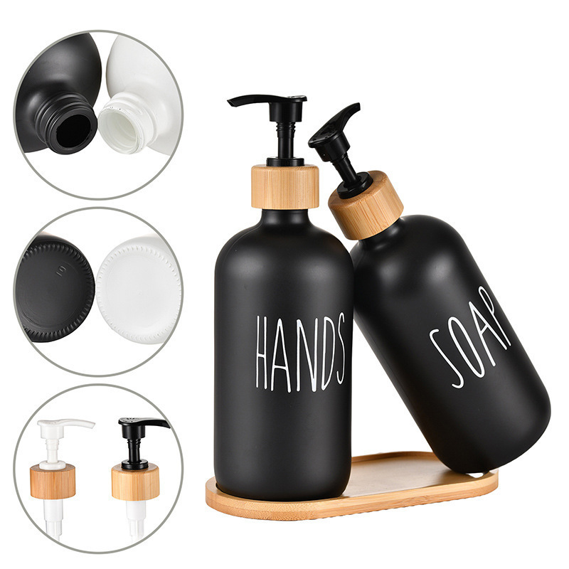 Botella de vidrio tipo Boston blanco/negro con bomba de bambú, para gel de baño o jabón de manos, recargable, venta en Amazon transfronterizo