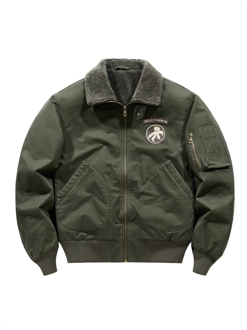 冬季加绒加厚时尚夹克男防风户外保暖外套翻领工装外套抗寒棉衣