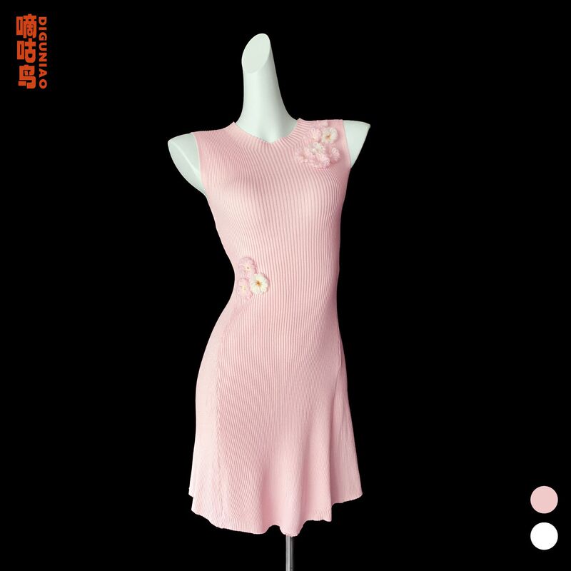 Girl's Thoughts Original Handmade Crocheted Three-Dimensional Flower Knitted Vest Dress Pink Gentle Sweet Girl Dress