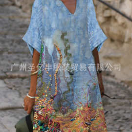 CY-A30跨境欧美新款ebay独立站连衣裙夏季蓝底藤花印花修身款长裙