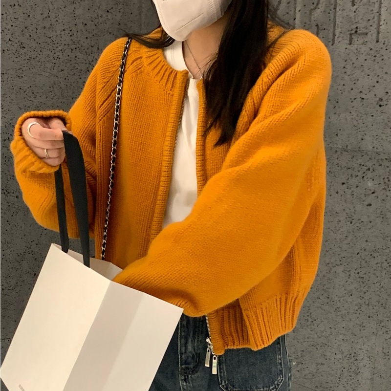 灰色のアライグマの毛の短いファスナーのセーターのコートの女性の春秋の復古の怠惰な風の外はニットのカーディガンを着ます。|undefined