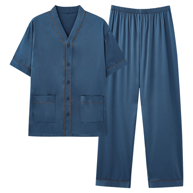 Cross-Border Short-Sleeved Long Pants Ice Silk Plus-Size Pajamas Men's Short-Sleeved Loose Soft Foreign Trade Amazon European and American Home Wear Cross-Border Short-Sleeved Long Pants Ice Silk Plus-Size Pajamas Men's Short-Sleeved Loose Soft Foreign Trade Amazon European and American Home Wear
