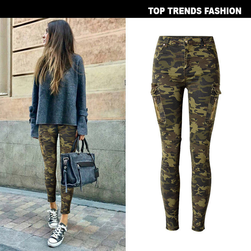 European and American Style Women's Mid-Waist Elastic Slim-Fit Camouflage Jogger Pants with Side Pockets and Zipper, Pilot-Style Casual Denim Skinny Pants