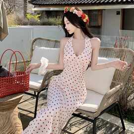 法式甜美挂脖爱心波点缎面连衣裙春夏度假风裙子图片色针织面料
