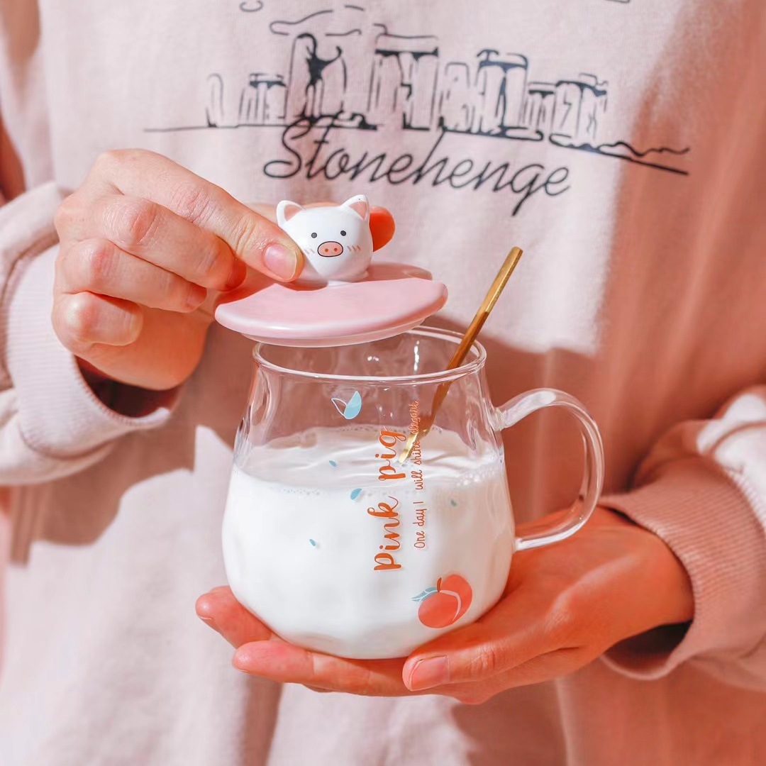 Rosa personalizado transparente cristal dibujos animados melocotón corazón cerdo taza chica corazón regalo taza de beber taza de oficina