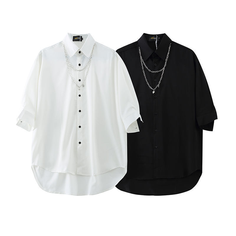 Trendy Diablo Metal Necklace Handsome Shirt Men's Hong Kong-style Street hiphop All-match Solid Color Half-sleeve Shirt Trendy Diablo Metal Necklace Handsome Shirt Men's Hong Kong-style Street hiphop All-match Solid Color Half-sleeve Shirt