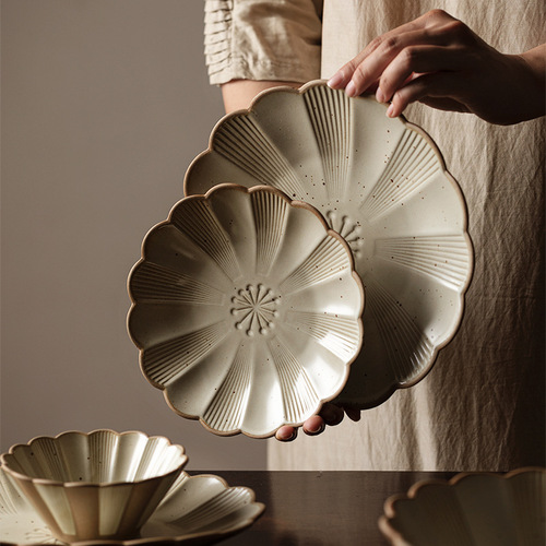Japanese-style rough glaze tableware retro terracotta bowl set for home, rice bowl and soup bowl ceramic chrysanthemum Western dinner plate and dish set