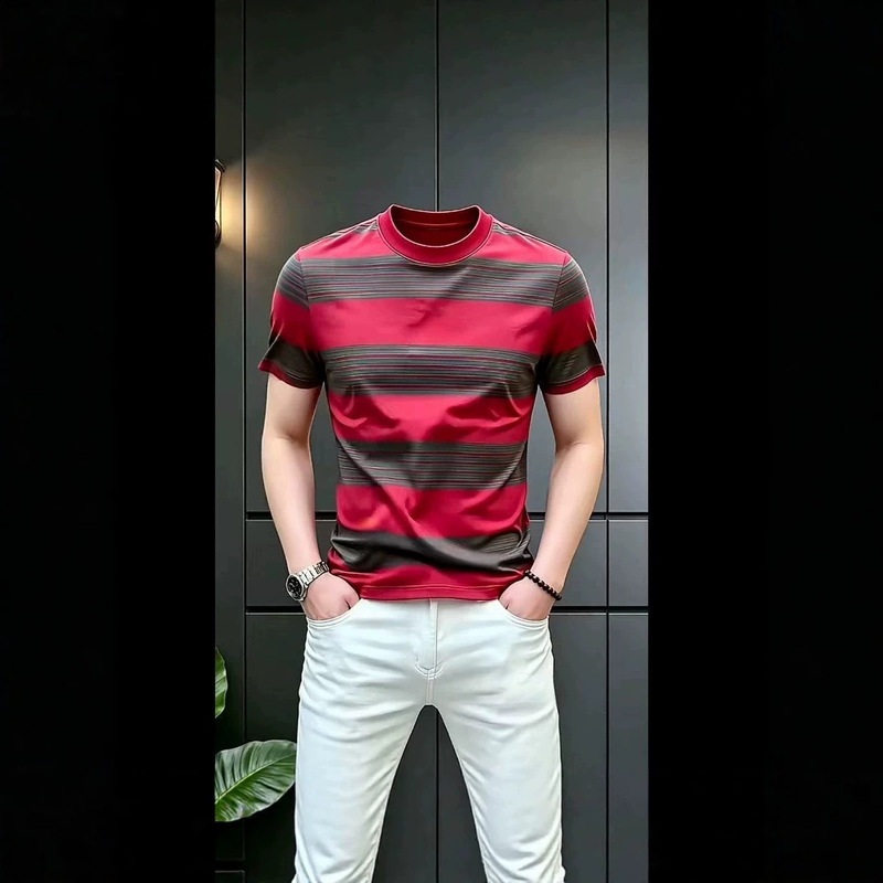 New European-style horizontal striped men's high-end t-shirt, summer trendy fashion, round neck, thin, color-blocking, half-sleeve tee