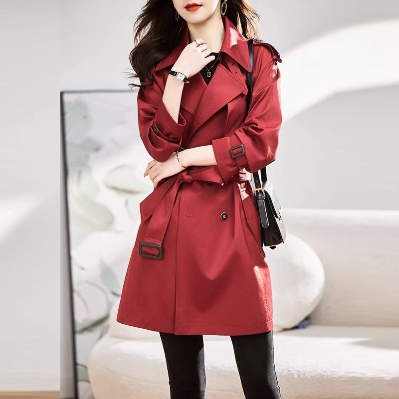 Women's Mid-Length Trench Coat 2025 New Spring and Autumn Red Slim Fit High-End Elegant Double-Breasted Coat