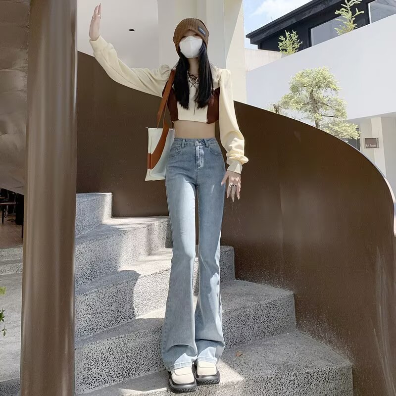 微喇叭牛仔裤女2025年春秋新款浅蓝色高腰修身显瘦小个子马蹄裤子|undefined