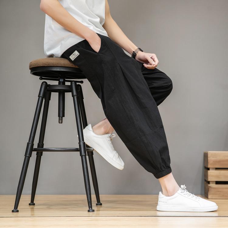 Pantalon lanterne en coton et lin de sport d'été à sept points, pantalon ample à la cheville Haren pour hommes_voghion.com