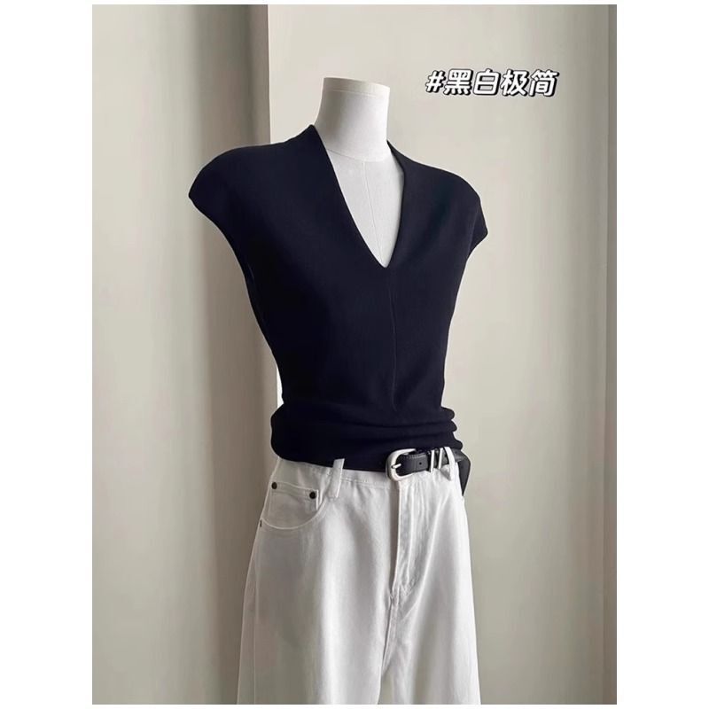 French-Style Small Flutter Sleeve V-Neck Knitted Short-Sleeve T-Shirt for Women, Summer Temperament Slim Fit Regular Shoulder Thin Ice Silk Tank Top