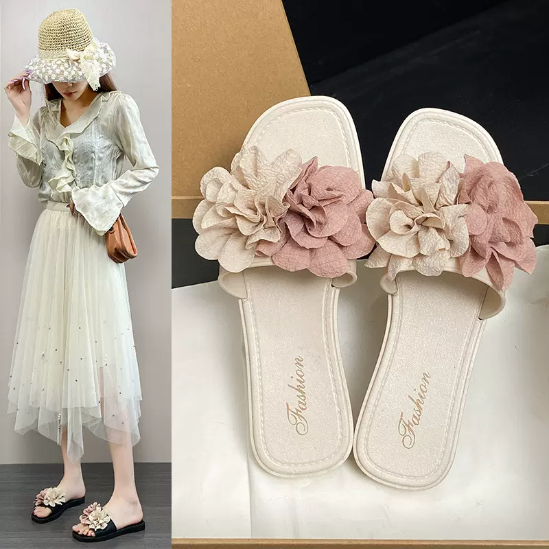 双色花坡跟拖鞋女外穿新款夏季百搭女士平底防滑学生时装沙滩凉拖