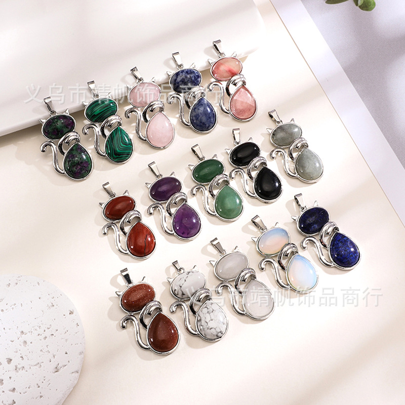 Cross-border foreign trade hot natural stone amethyst pink crystal kitten flat inlaid necklace pendant factory direct sales