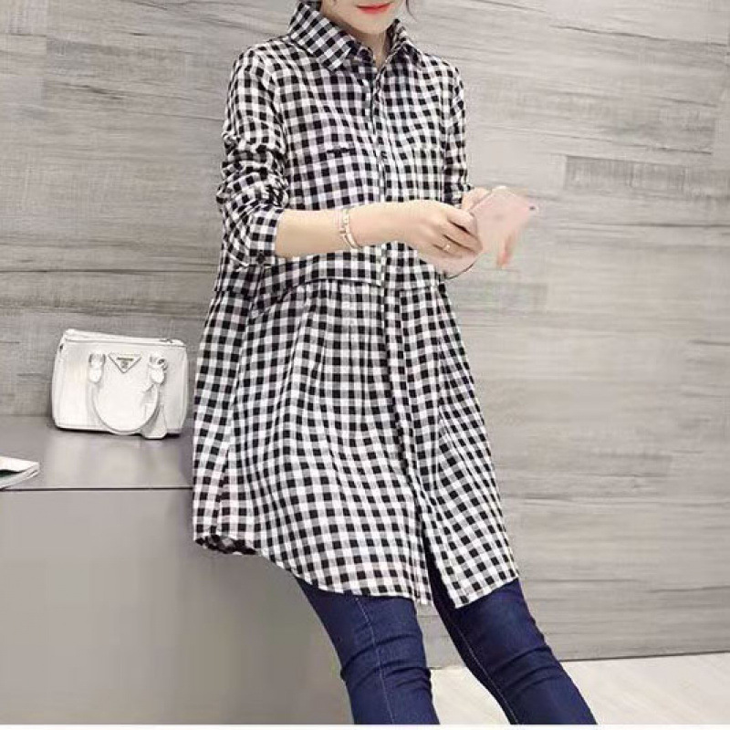 Korean Style Loose Oversized Plaid Shirt Versatile Mid-Length Long-Sleeve Top with Pocket Design Loose Fit