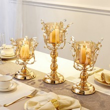 歐式輕奢金色水晶燭台擺件奢華家用客廳餐桌裝飾浪漫燭光晚餐道具