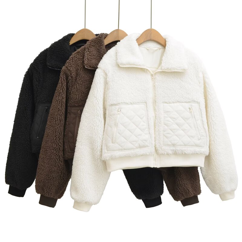 Winter Lamb Wool Patchwork Jacket for Women, Retro Stand Collar, Thickened Short Cotton Coat, Lazy Style, Loose Fit for Petite Figures Winter Lamb Wool Patchwork Jacket for Women, Retro Stand Collar, Thickened Short Cotton Coat, Lazy Style, Loose Fit for Petite Figures