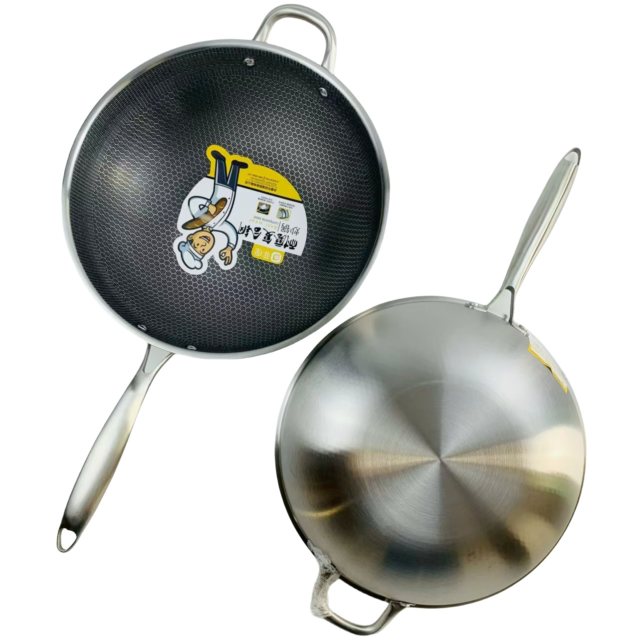 32-34CM Stainless Steel Wear Resistant Composite Steel Non-stick Wok Household Uncoated Honeycomb Electromagnetic Gas Stove Cooker