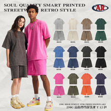 ARTIE男装|2025春夏新品炒雪花蜡染水做旧洗短袖短裤情侣潮牌套装