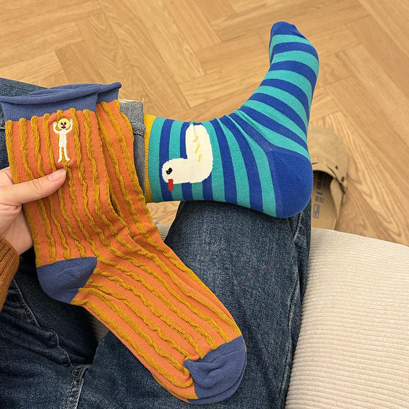 Spring and Summer New Cartoon Doll Socks Japanese Illustration Cute Striped Pile Socks Funny Embroidered Cotton Socks