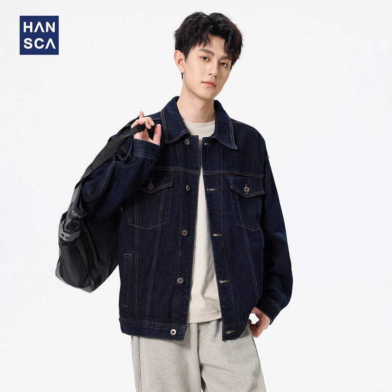 Hansca Original Color Washed Denim Jacket Men's 2025 New Style Loose Fit Lapel Collar Visible Stitching Vintage Workwear Jacket