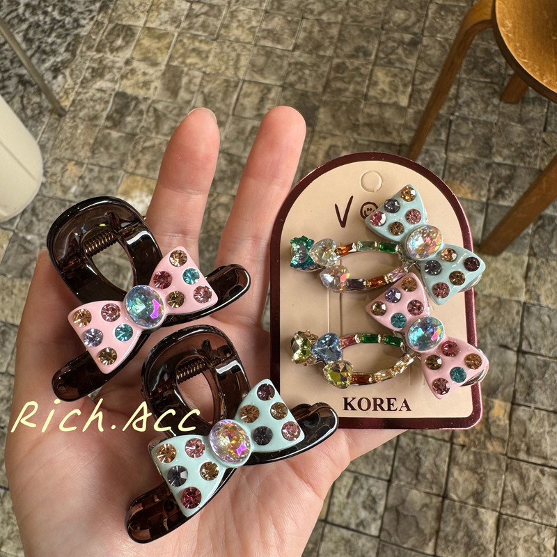 【Real Shot】Exported Korean Quality~Cream-Colored Rhinestone Bow Hairpin, Super Beautiful Pink-Blue Sweet Hair Accessory