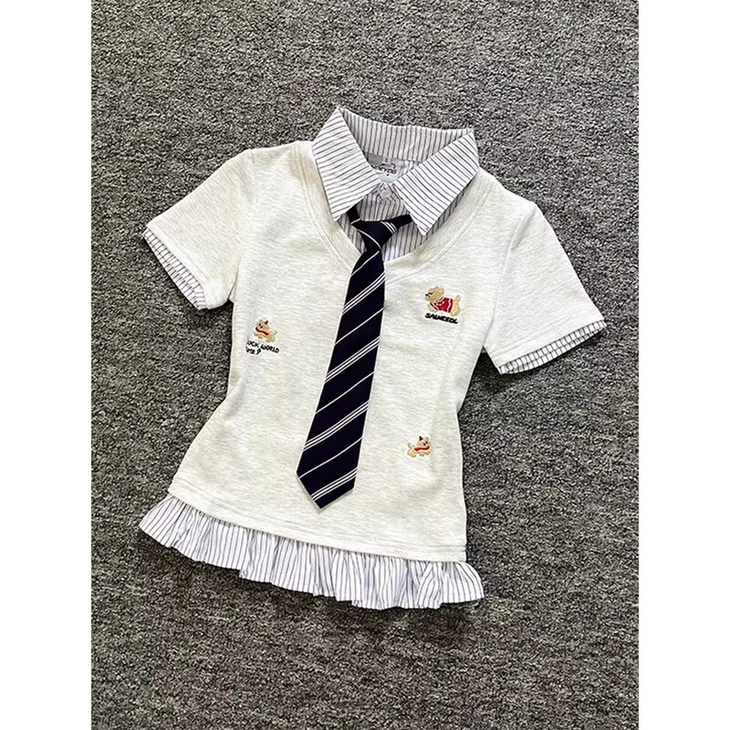 Korean Style Puppy Embroidered Polo Tie Short-Sleeved T-Shirt Women's Summer Slimming Look Stripesd Splicing Fake Two-Piece Top