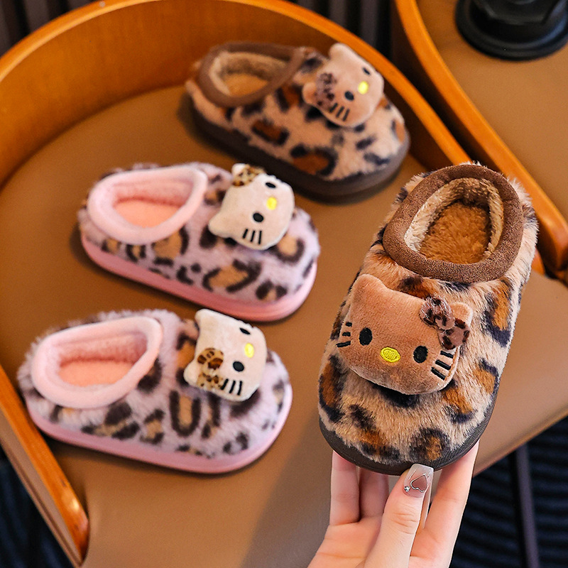 Girl's style leopard print thick plush children's cotton slippers, 3D cartoon soft-soled baby parent-child furry shoes