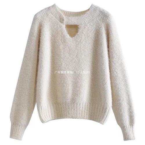 Women's Autumn/Winter Knitwear Loose Wave Japanese Retro V Neck Top Sweater Soft Base Shirt Light Peach Color One Size