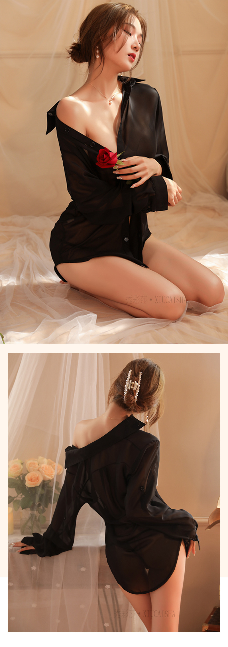 See-Through Chiffon Uniform Roleplay Shirt, Backless Boyfriend-Style Lingerie, Black One Size — detail image 14