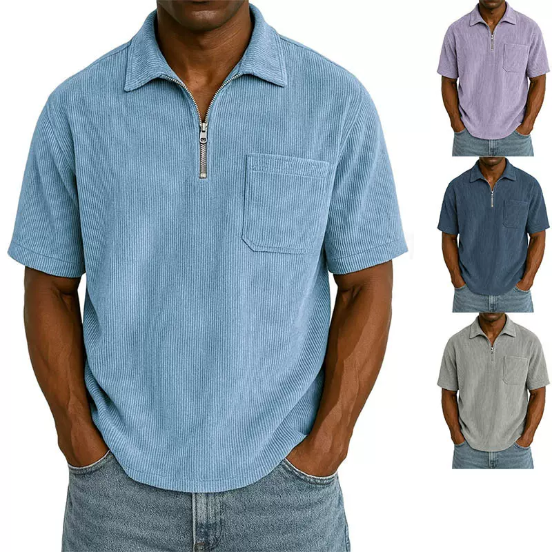 2025新款欧美亚马逊跨境独立站纯色灯芯绒短袖拉链POLO衫宽松T桖