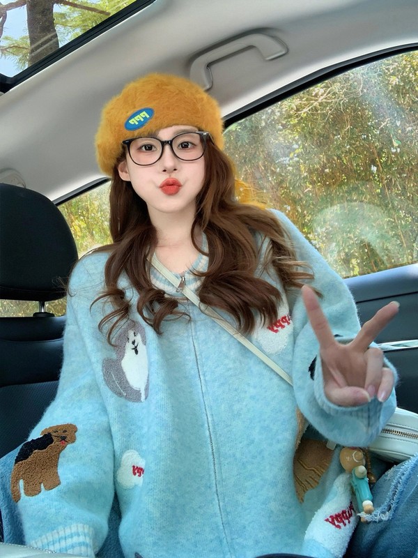 蓝色小狗毛巾绣毛衣外套女2025新款秋冬复古减龄宽松针织开衫加厚|undefined