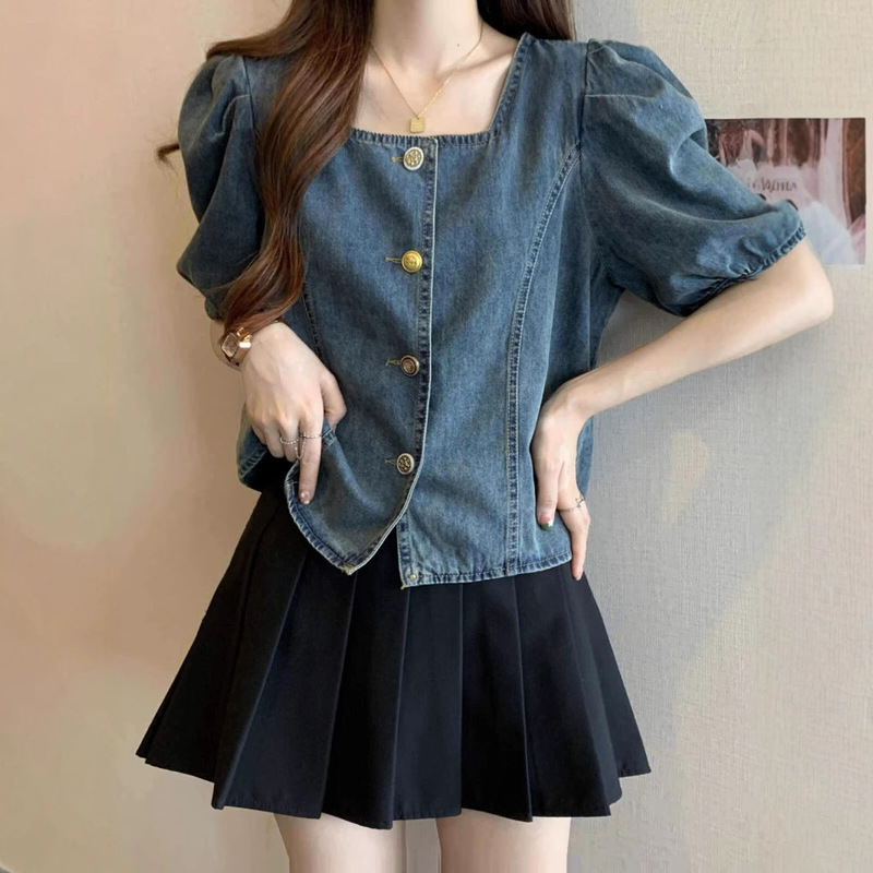 Puff Sleeve Square Neck Denim Short-Sleeved Shirt for Women Summer Plus Size Fat mm Fashionable Age-Reducing Shirt Loose Slimming Look Top
