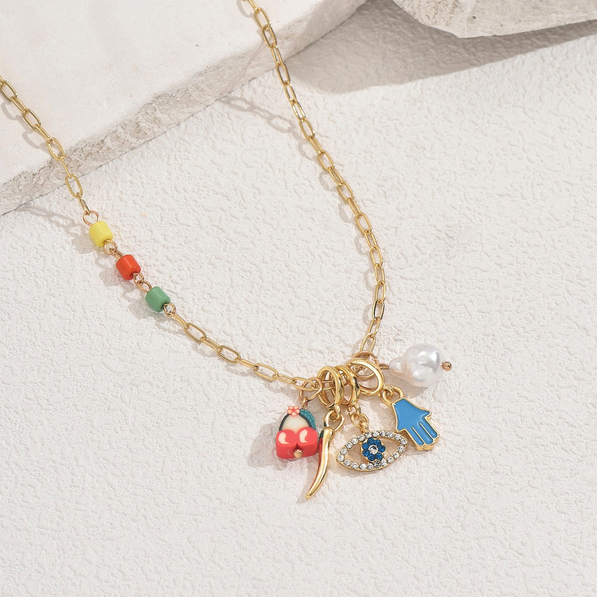 Copper Chain Material cable chain Chain Type 1 Piece Quantity Wholesale Jewelry Vintage Style Geometric Devil's Eye Palm Copper Plating Cable Chain Multi Charms Necklace