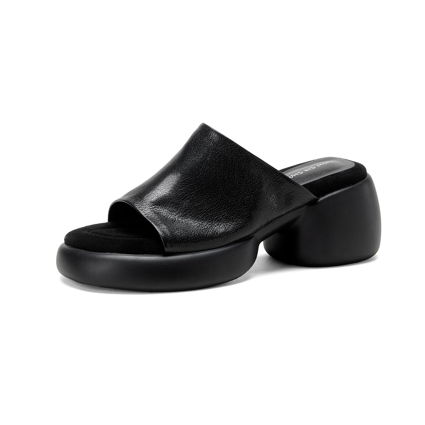 Dép lê nữ da cừu đế dày 7 cm, sandal hở mũi tăng chiều cao — đen chi tiết 26