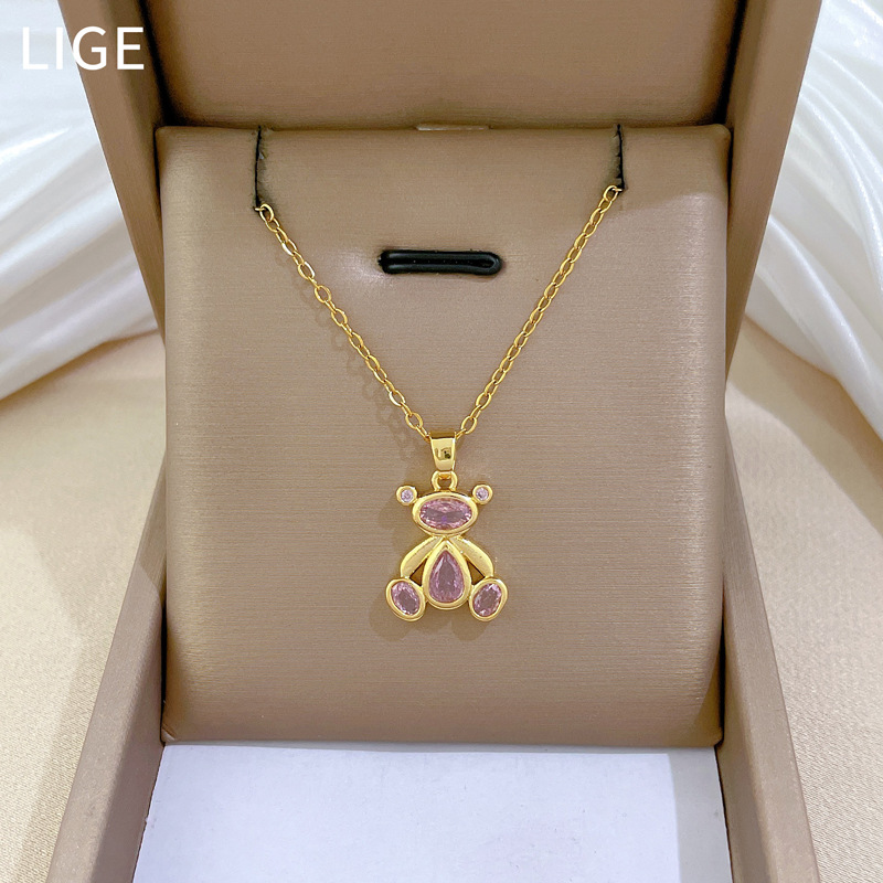 Gorgeous Pink Bear Pendant Necklace - Versatile Titanium Steel_voghion.com