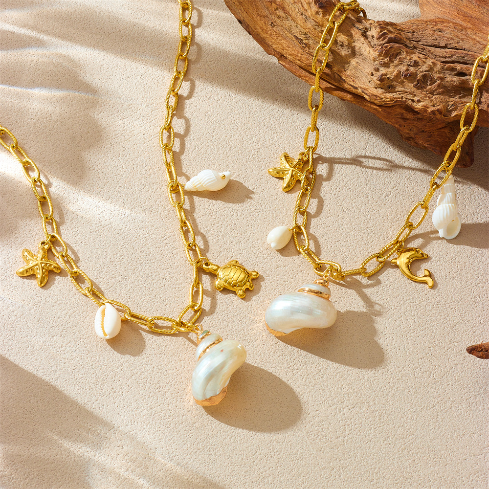 fashionable marine beach retro necklace pearl stainless steel