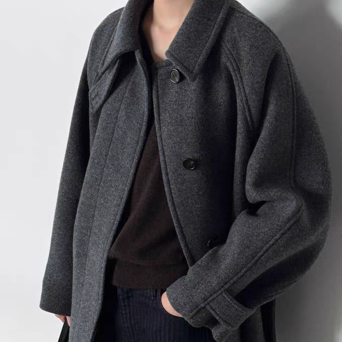 In Stock 2025 Winter New Korean Style Solid Color Tie-Waist Slimming Stand Collar Mid-Length 80% Wool Coat